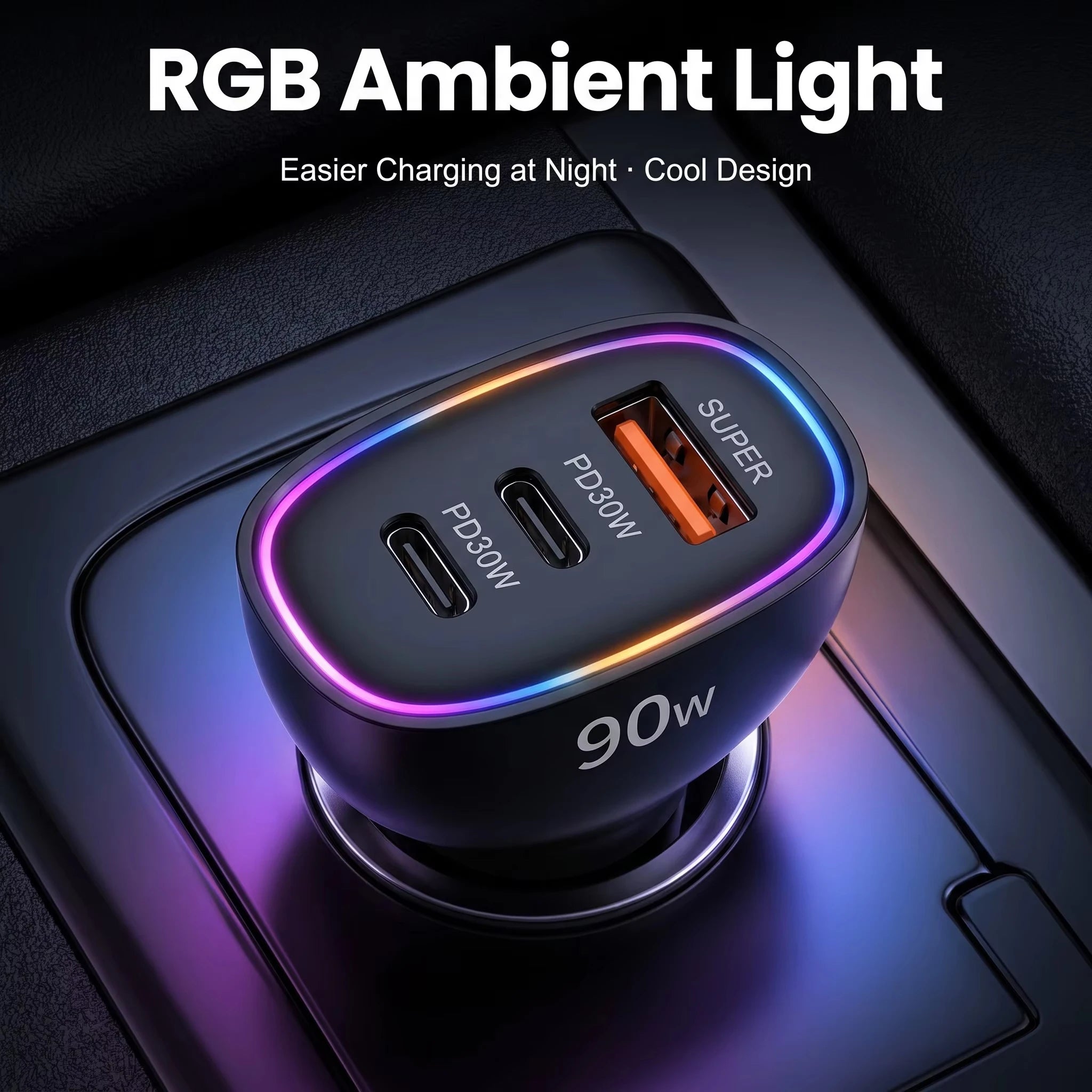90W USB C Car Charger Dual PD 30W Multiple Ports Fast Charging