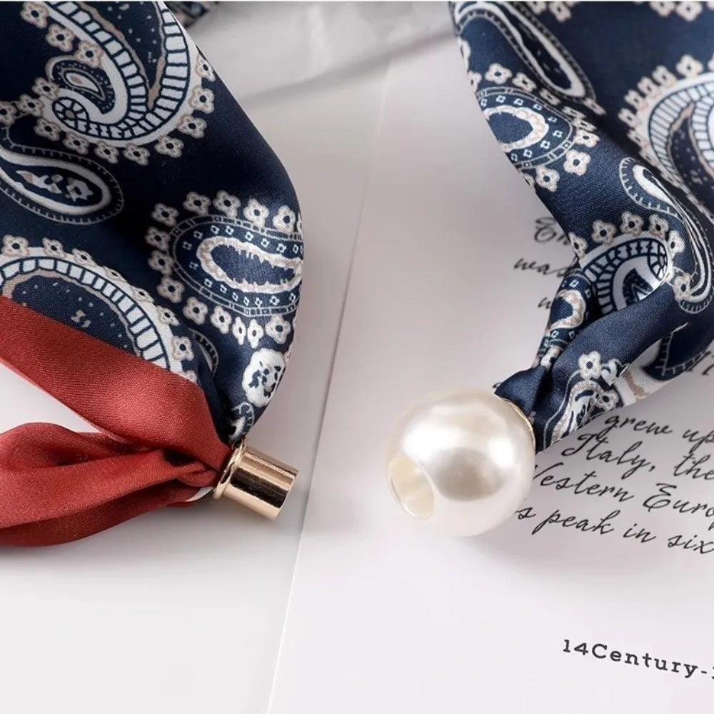 New Pearl Buckle Silk Scarf Thin Printed Neck Scarf Lightweight Soft Neckerchief Women Zpaxo