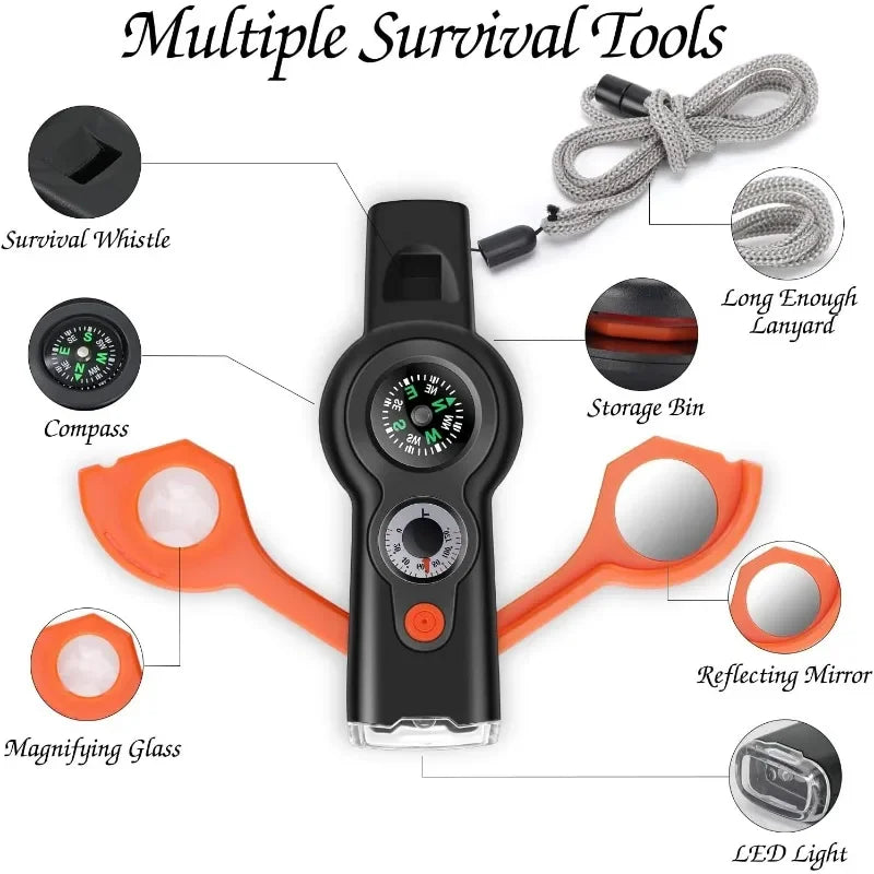 7-in-1 Survival Whistle – Compass, LED Light & Lanyard
