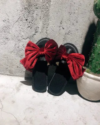 Slippers for Women 2025 Summer Velvet Bow Silk Slippers Comfortable At Home Soft Bottom Anti Slip Cool Slippers for Women Zpaxo red 39-40