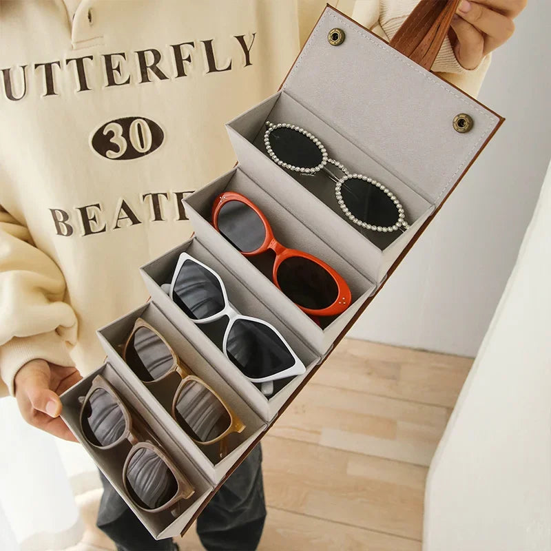 1pc 5 Slots PU Leather Sunglasses Storage Case Portable Foldable Eyeglasses Organizer Display Multi Hanging Eyeglasses Holder Zpaxo