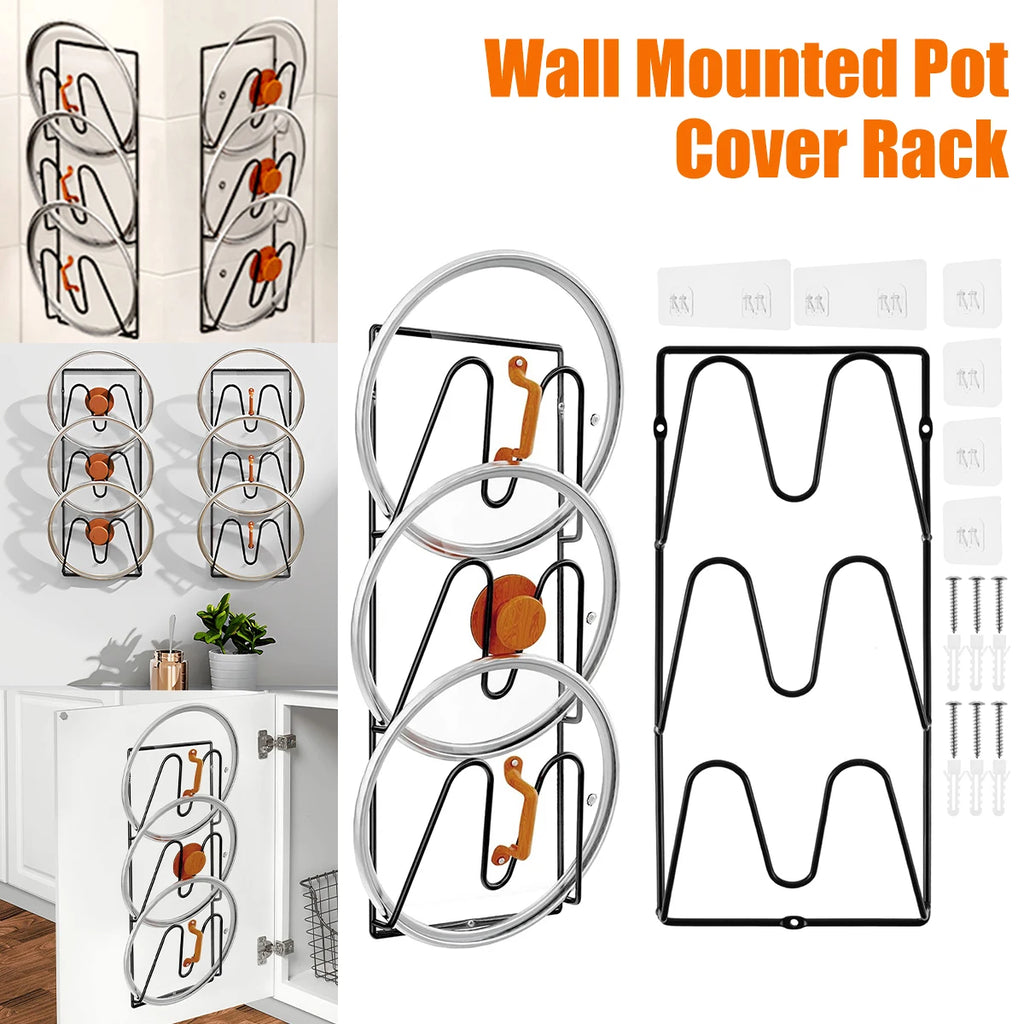 2Pcs Pot Lid Holders Wall Mounted Pot Lid Shelf Heavy-Duty Stand 3Layer Space Saving Pot Lid Rack Multipurpose Storage Organizer Zpaxo