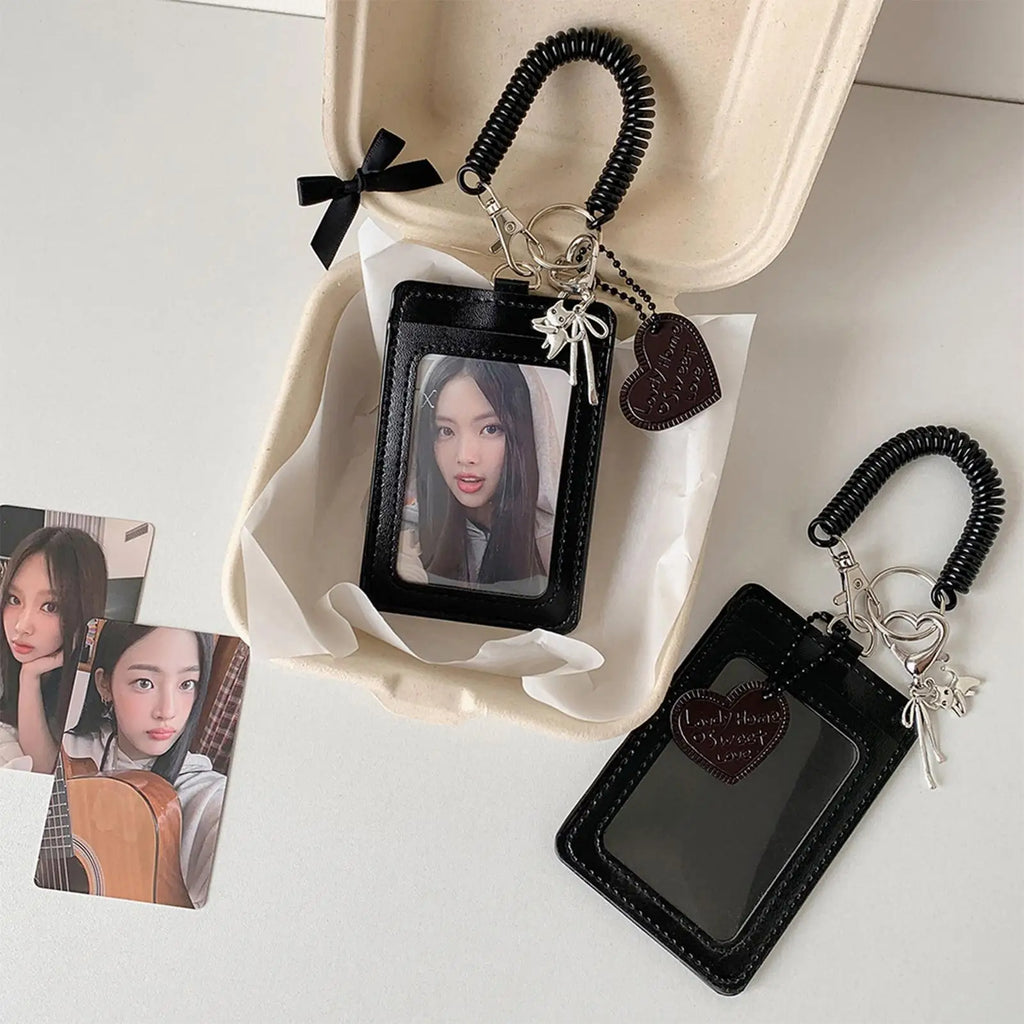 Photocard Holder Keychain PU Leather Identification Badges Protector Protective Sleeves with Love Heart Charm Spiral Wrist Coil Zpaxo