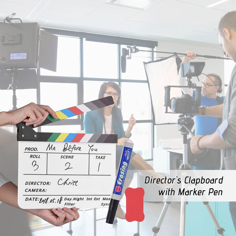 Professional Clapper Acrylic Clapboard Dry Erase TV Film Movie Director Cut Action Scene Clapper Board Slate with Pen Eraser Zpaxo