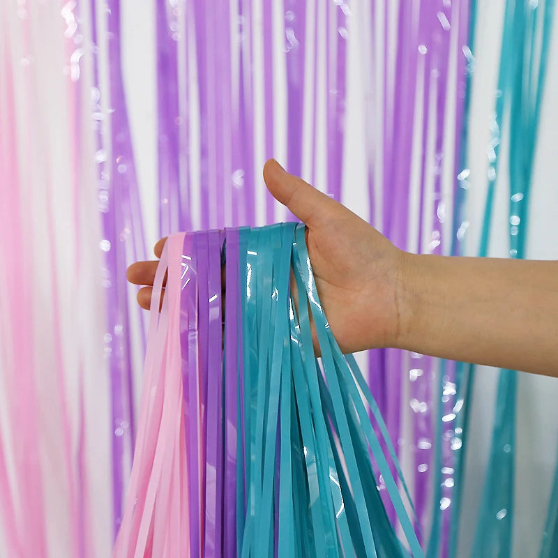Mermaid Theme Foil Fringe Curtain Pink Blue Purple Curtains Photo