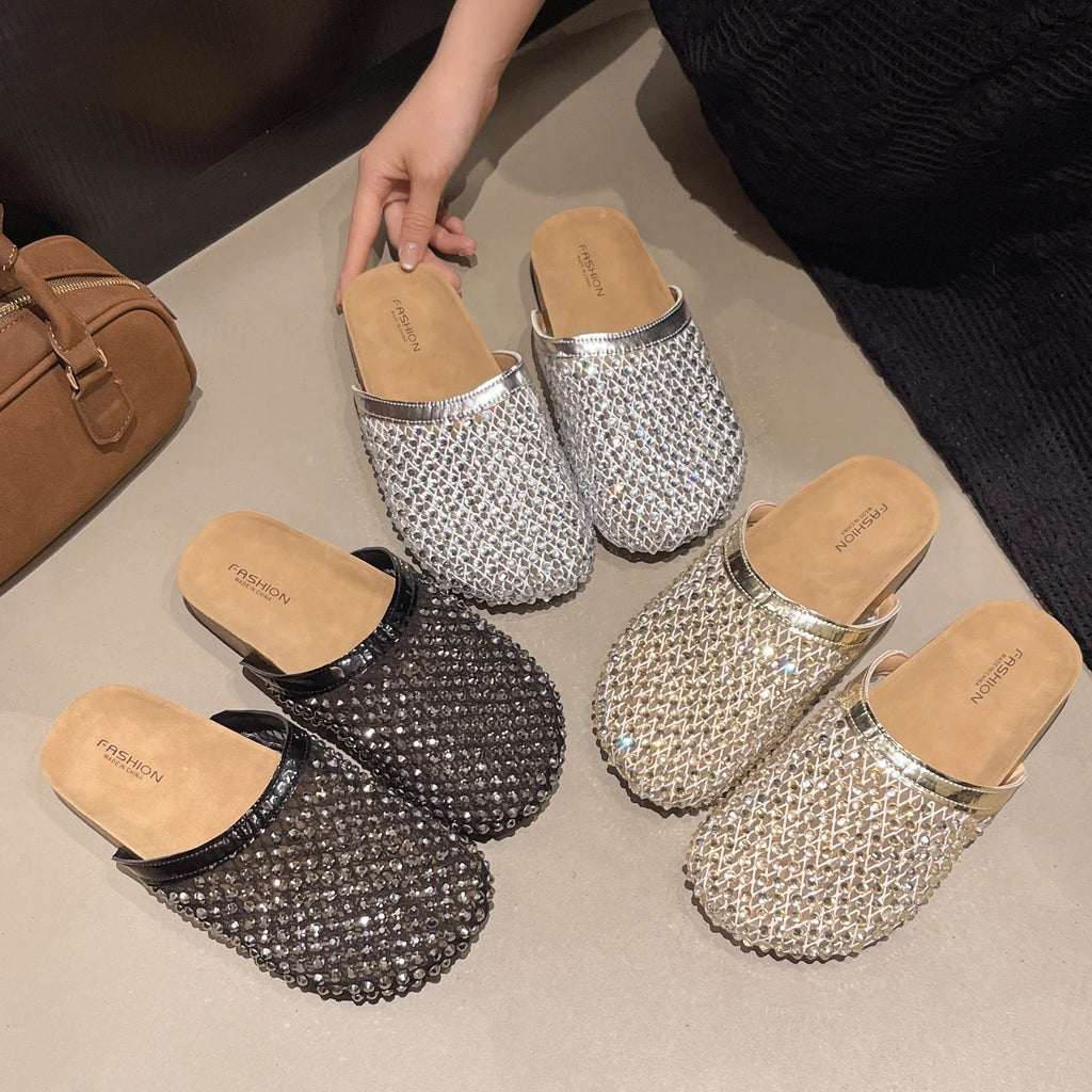 Sandals for Women's 2025 Summer New Luxury Brand Slippers Lightweight Round Head Shoes Water Diamond Flat Slides Women Sandals Zpaxo