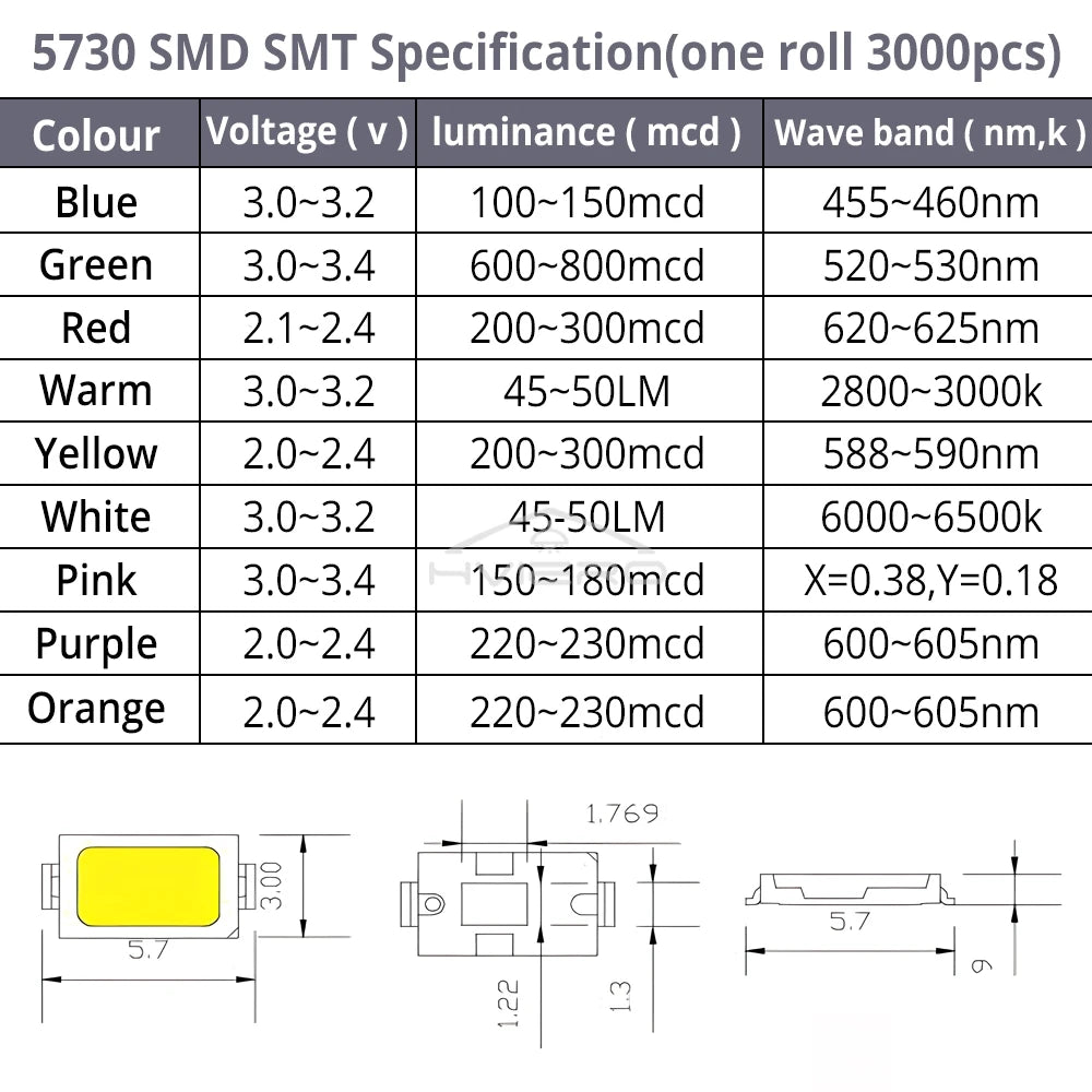 100pcs 5730 SMD LED Chips – Multi-Color Surface Mount LEDs