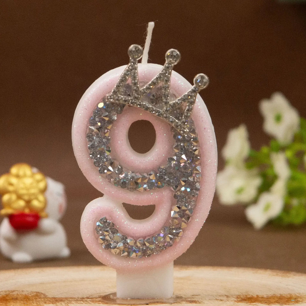 0-9 Pink Glitter Number Candle Silver Rhinestone Crown Kids Birthday