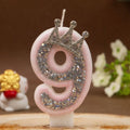 0-9 Pink Glitter Number Candle Silver Rhinestone Crown Kids Birthday
