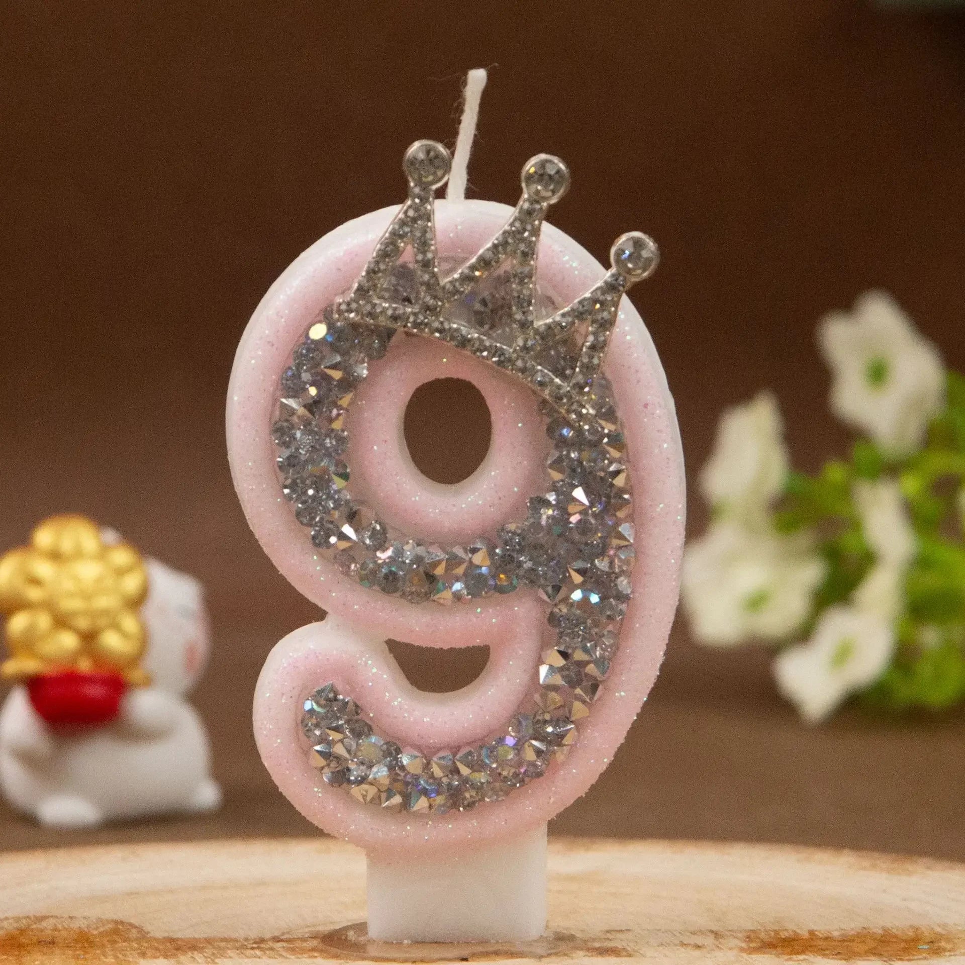0-9 Pink Glitter Number Candle Silver Rhinestone Crown Kids Birthday