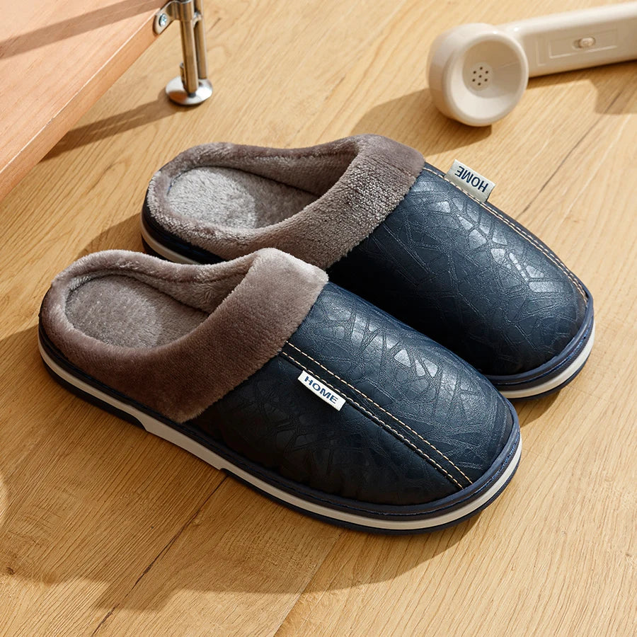 Mens Winter Slippers PU Leather Waterproof Indoor House Shoes Big