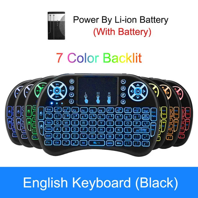 New Mini i10 i8 Keyboard 7 Color Backlit 2.4G Wireless Air Mouse Chargable Keyboard For PC Gamepad Zpaxo i8 English Lithium