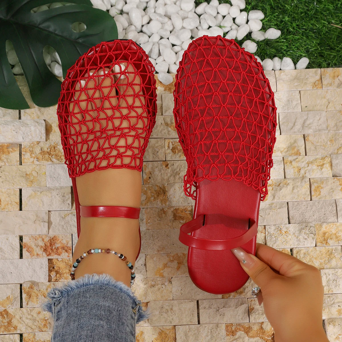 Women Slippers Comfort Retro Female Slippers Summer Hollow Sandals Women Flats Shallow New Beach Shoes Lightweight Slides Women Zpaxo Red 37