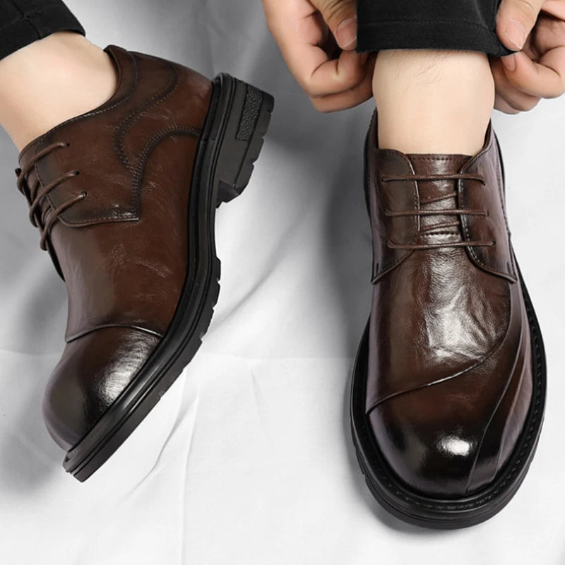 Brown Burnished Leather Lace Up Chunky Sole Formal Business Office Zpaxo