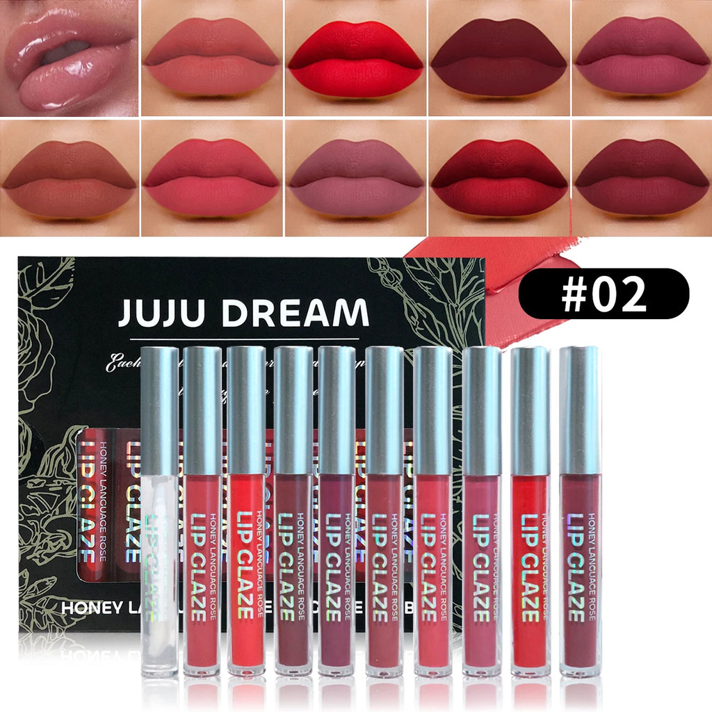 10 pcs long-lasting nude lip gloss matte satin lipstick waterproof liquid lipstick moisturizing lip gloss Zpaxo 02 Bold and Bright