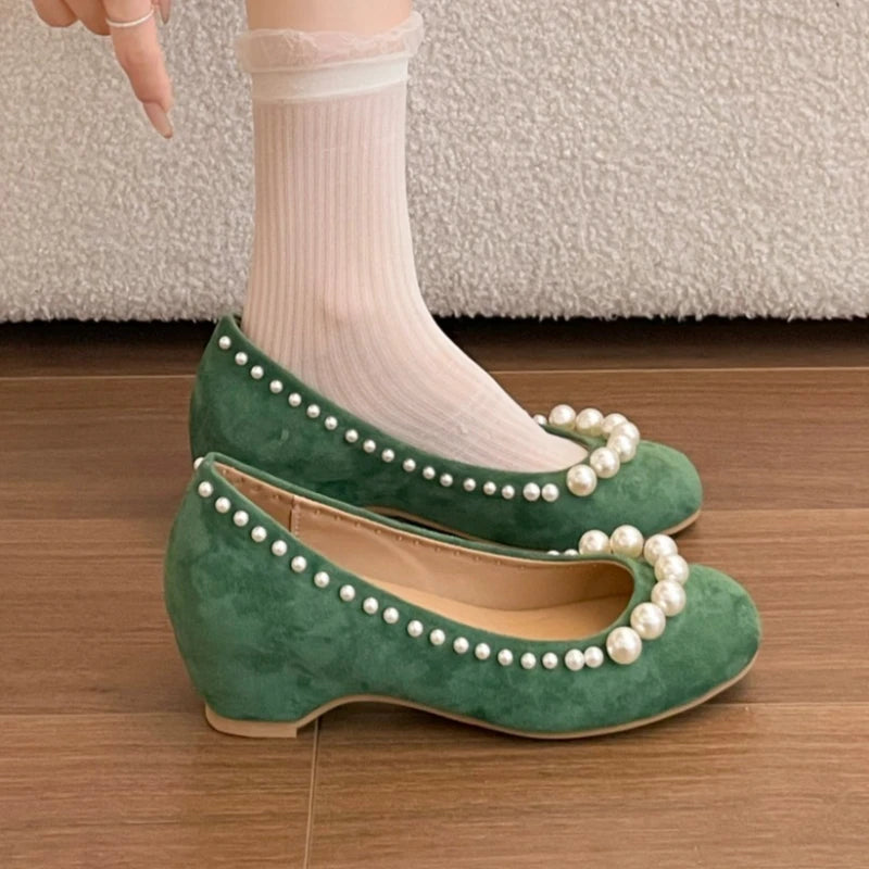 2026 Spring Autumn Vintage Solid Comfortable Pearl Embellishment Heel Zpaxo green 35