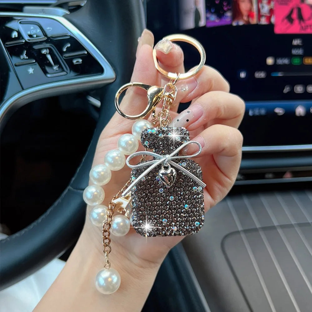 Charming Gift Bow Knot Shape Keychain Pearls Tassel Rhinestone Keyring Rhinestone Inlaid Cute Shape Shape Keyring Decor Zpaxo Grey
