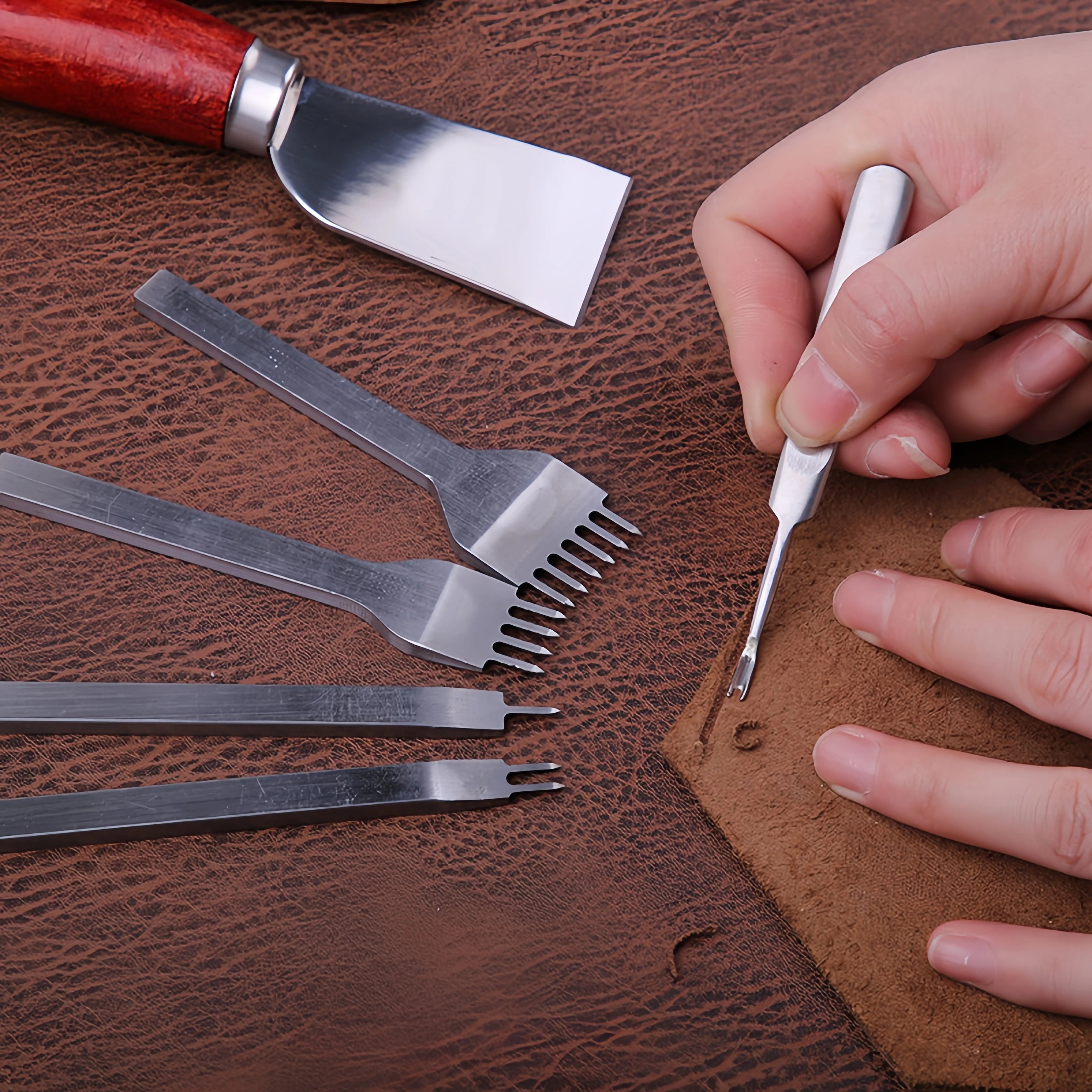 Professional Hand Sewing Leathercraft Tools Kit Saddle Groover Stitching Punch Carving Work Sets Tool For DIY Leather Accessory Zpaxo
