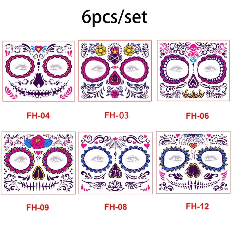 Day of the Dead Halloween Tattoo Fluorescent Waterproof Temporary Face Stickers Makeup Tattoo Dress Up Decoration Party Festival Zpaxo