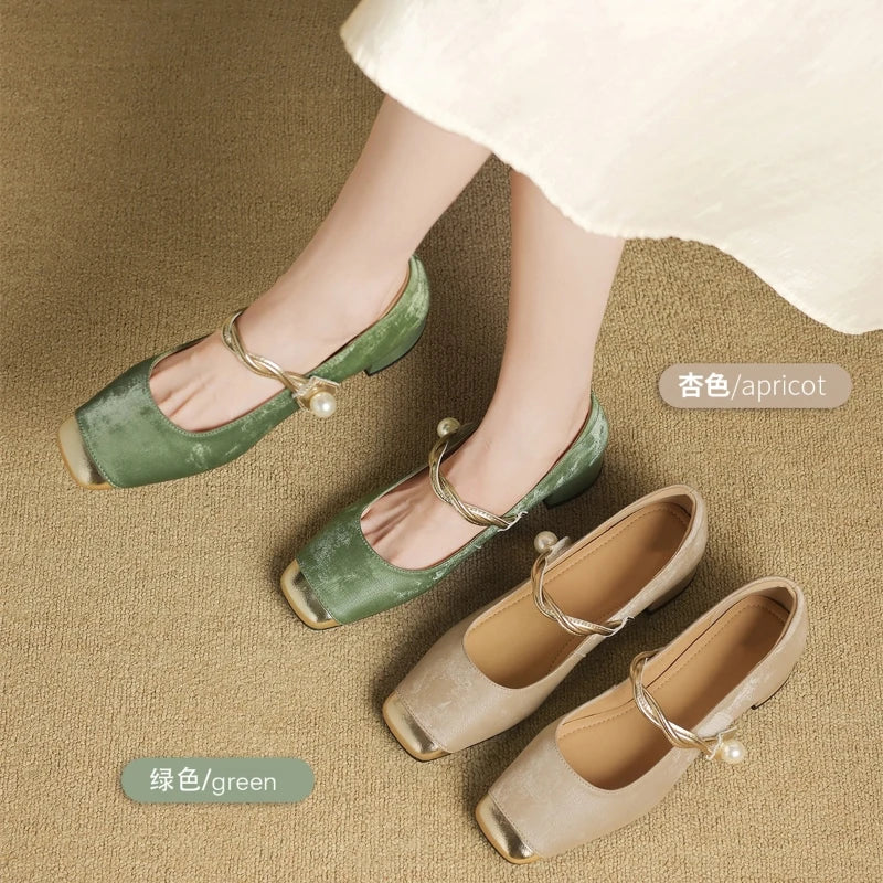 Women Mary Jane Pumps 2026 Square Toe Pearl Strap Low Block Heel Zpaxo