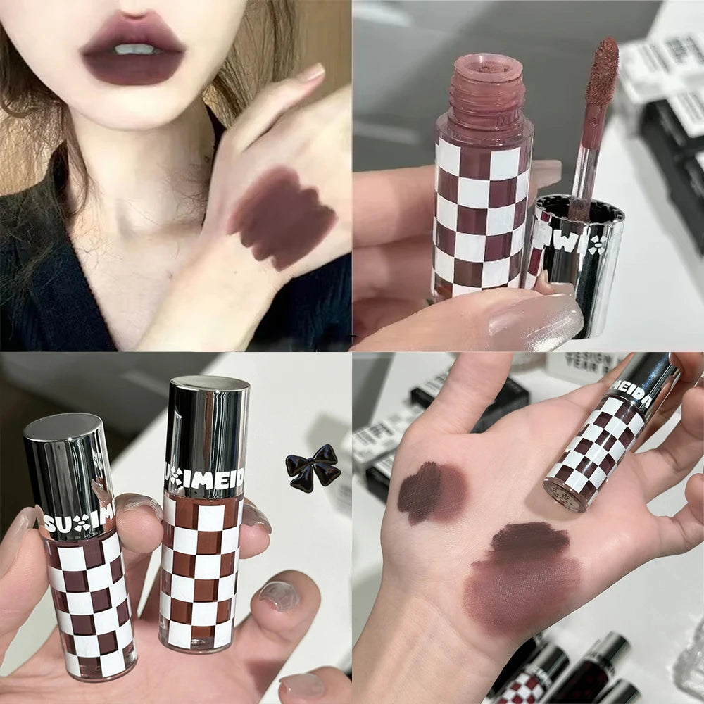 Checkered Nude Purple Matte Lip Mud Mousse Lipstick Waterproof Punk Zpaxo