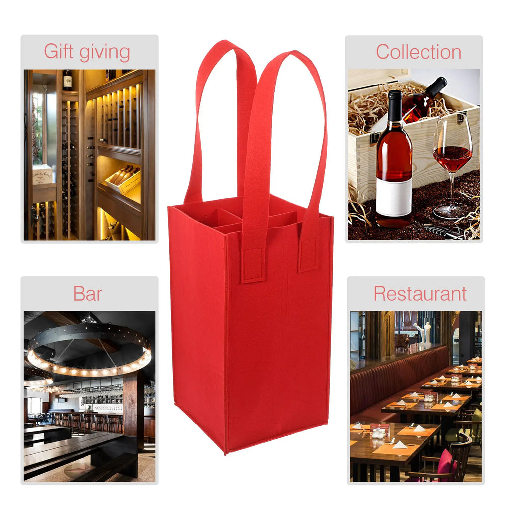 Red Wine Bag Felt Bottle Carrier Holds 4 Bottles Reusable Portable