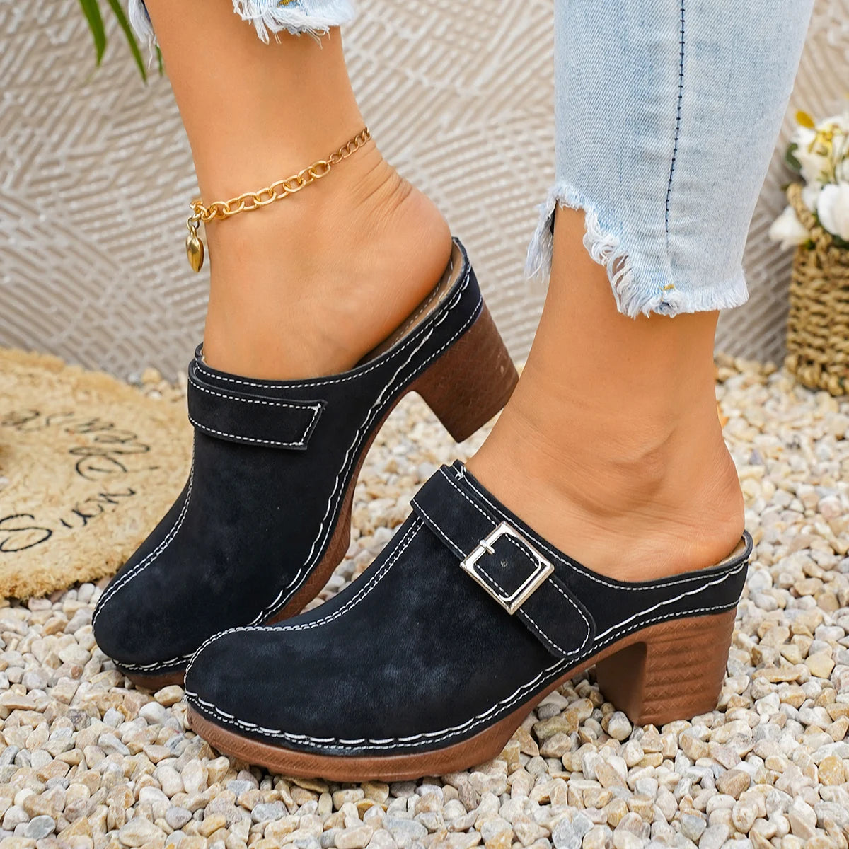 Women Sandals 2026 Summer Heels Open Toe Chunky Slippers Female Zpaxo black 37