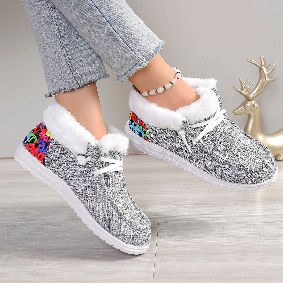 Retro Comfortable Women Plush Lined Snow Boots Sunflower Shoes Print Cozy Slip on Shoes Fuzzy Canvas Shoes Thermal Ankle Boots Zpaxo