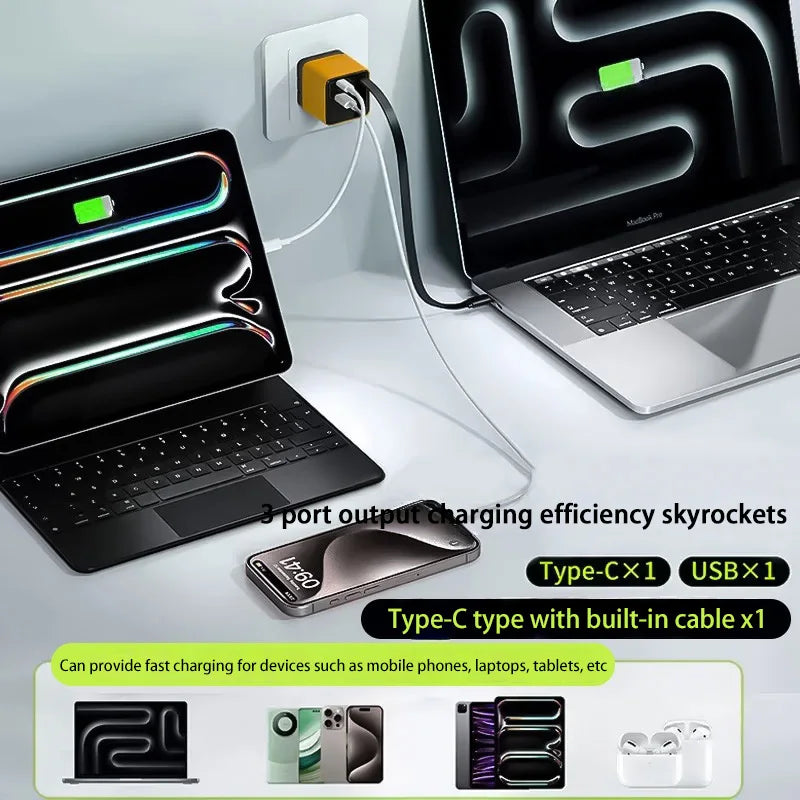 65W Gan Fast Charger USB-C Built-in Type-c Cable EU US Plug Iphone 15