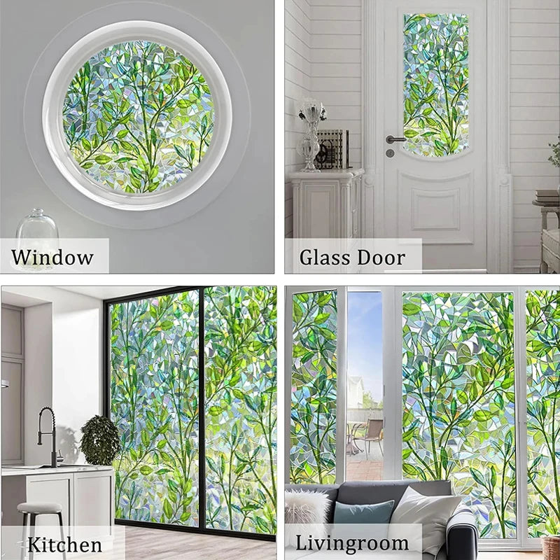 Green Leaf Mosaic Stained Glass Window Film Static Cling Rainbow