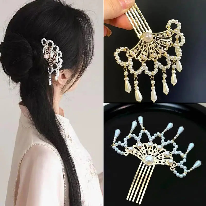 Pearl Hair Comb Women Hanfu Cheongsam Side Hairpin Ancient Tasseled Zpaxo