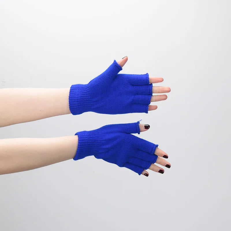 1pair Short Half Finger Fingerless Knit Wrist Glove Winter Warm Stretch Work Gloves for Women and Men Cycling Accessories Zpaxo ST008-Blue