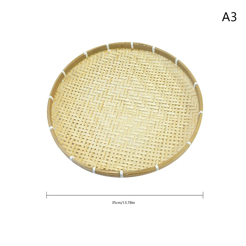 CM1PC Round Bamboo Woven Fruit Basket Tray Flat Wicker Food Storage Zpaxo 35cm
