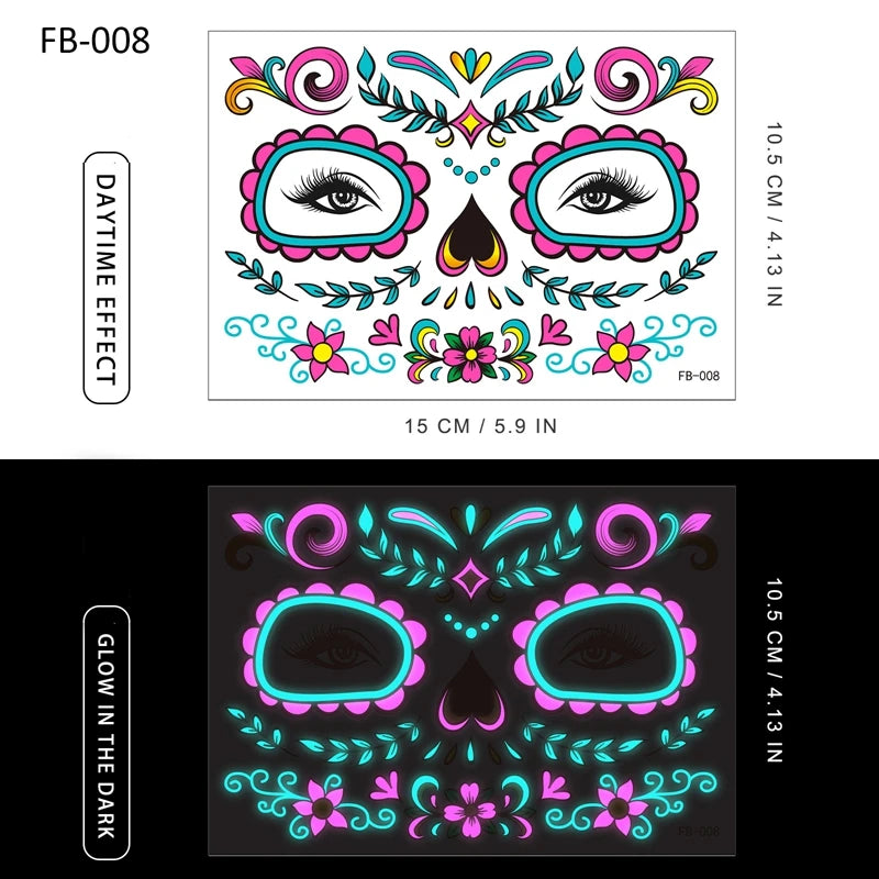 Halloween Halloween Face Tattoo Sticker Temporary Skin Tattoo for Party Festival Makeup Tattoo Glow in The Dark Body Sticker Zpaxo fb-08