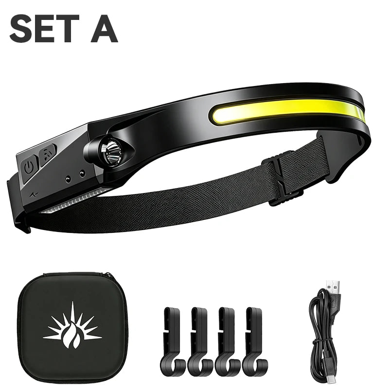 1 Headlamp USB Rechargeable LED Sensor Flashlight XPE+COB Torch Zpaxo Set A