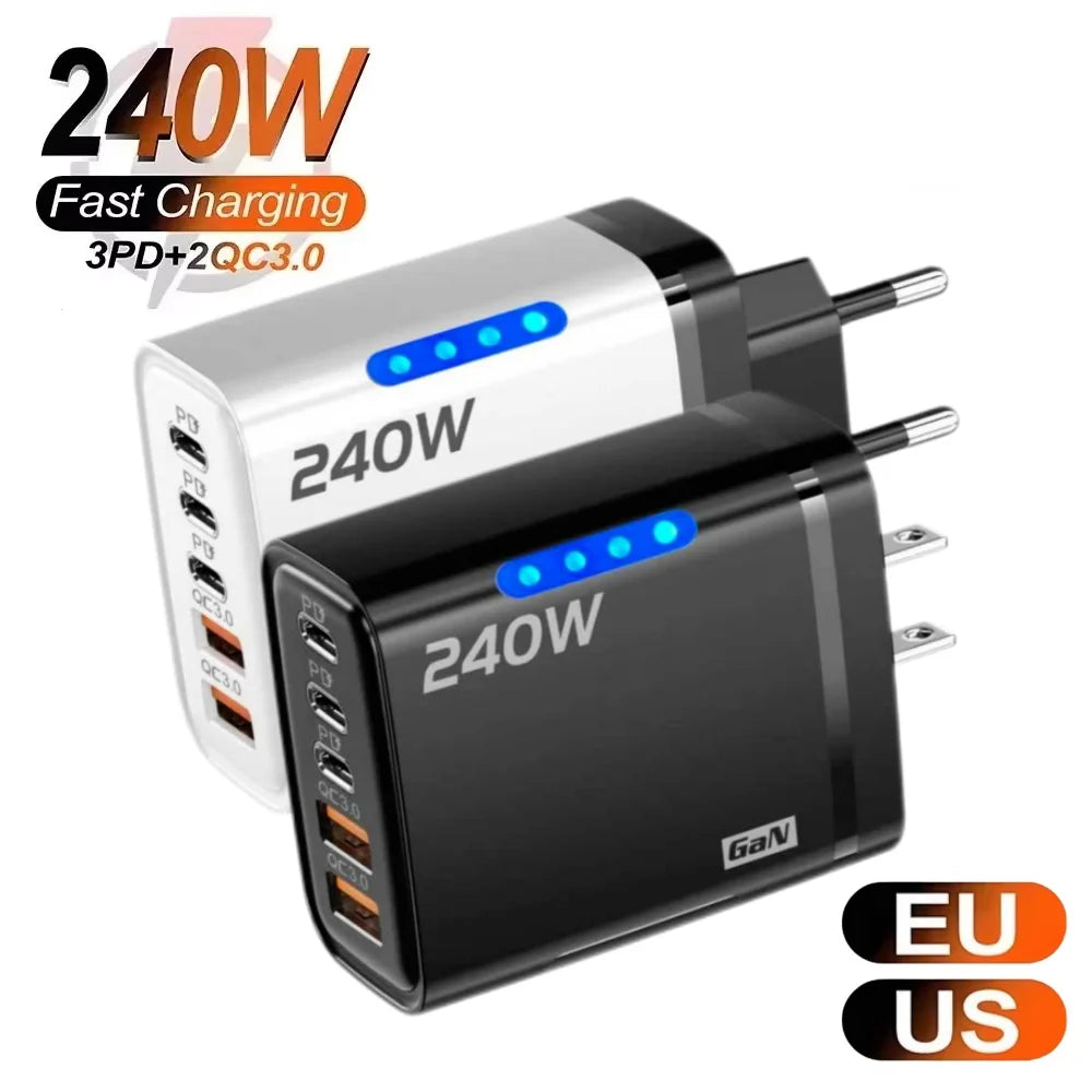 5 in 1 USB C GaN Charger 240W Fast Charging Adapter 10A USB To Type C Cable 3PD 2USB QC3.0 Charger for iPhone Samsung Xiaomi Zpaxo