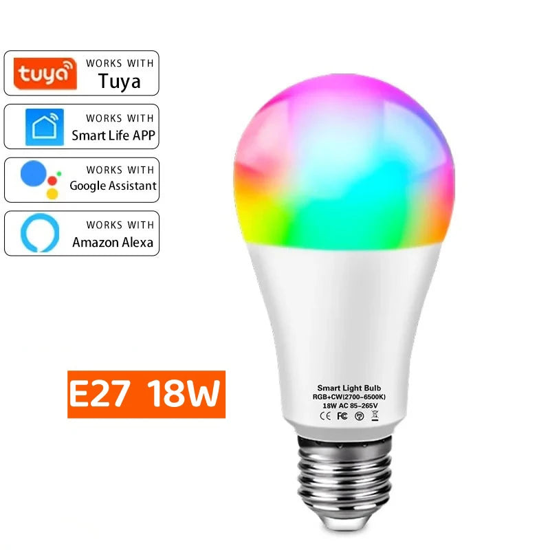 Tuya Wifi E27 Smart Led Lamp RGB 15W-18W Bluetooth Light Bulb Works