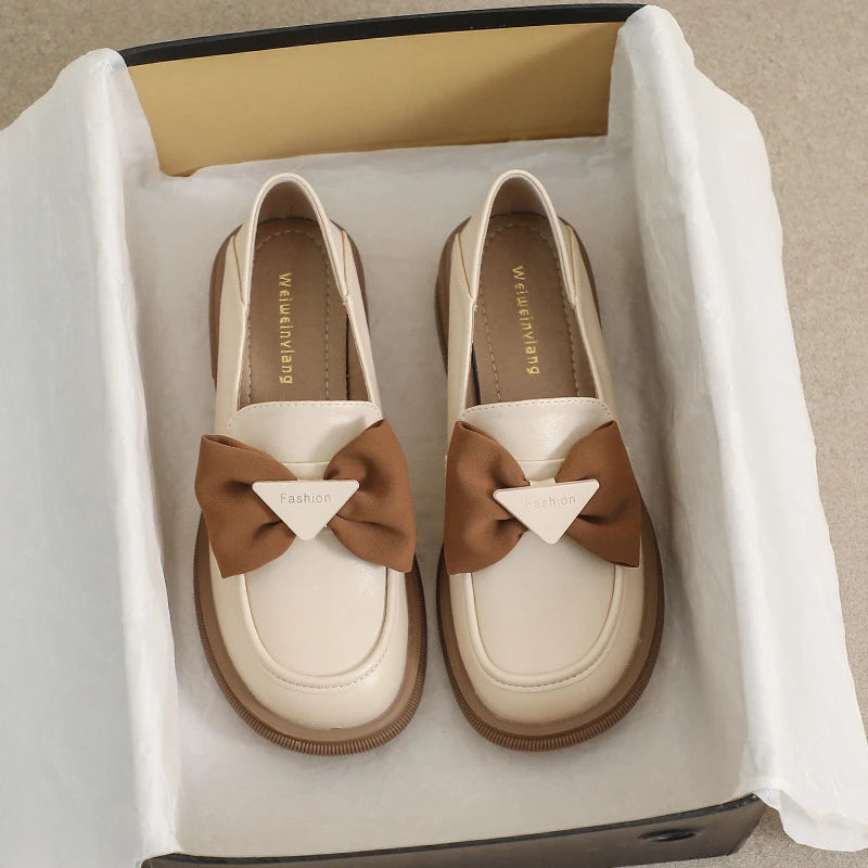 Women Soft Sole Loafers Bow Decor Retro Platform Chunky Heel British Zpaxo