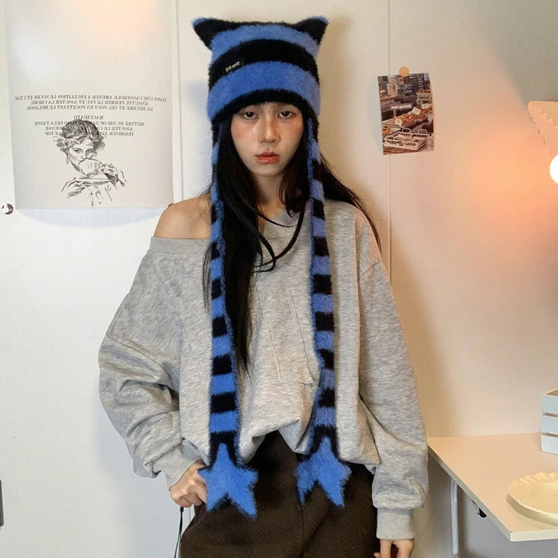 Y2k Subculture Girl Sweet Cool Hat Star Striped Plush Knitted Zpaxo Blue one size