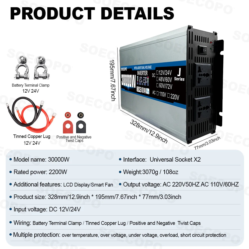 SOECOPO 30000W Complete Solar System Kit: 600W Solar Panel Inverter 2 sockets 12V/24V To 110V/220V 100A Controller Home Camping Zpaxo