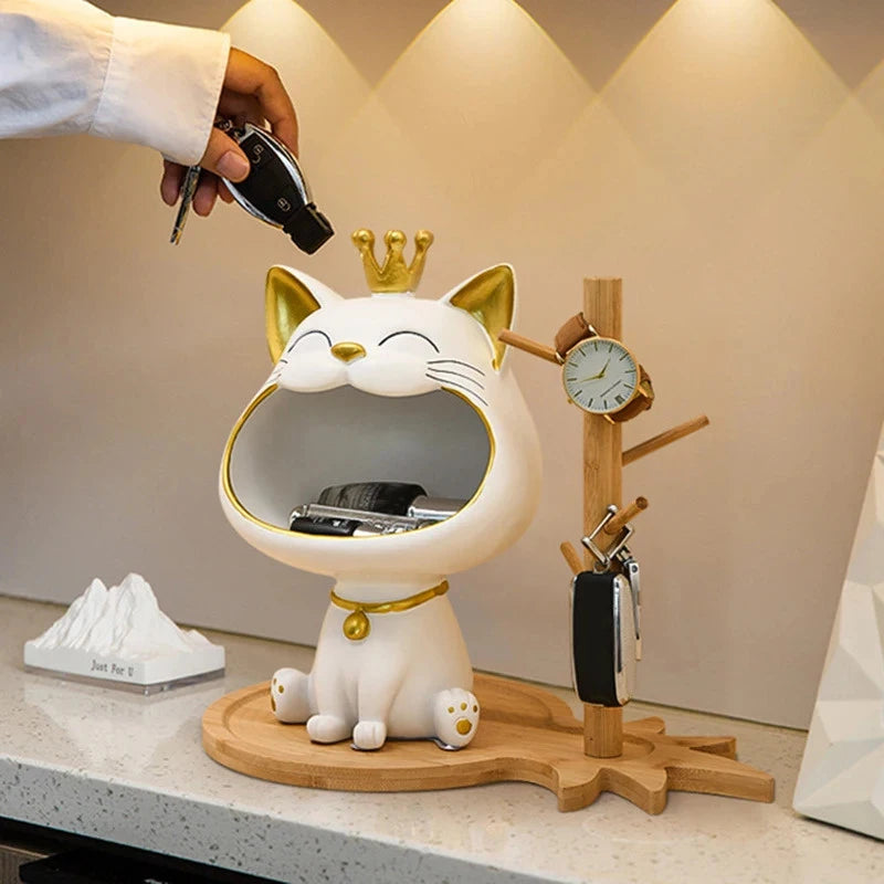 Cute Big-mouthed Crown Cat Resin Storage Sculpture Multifunctional