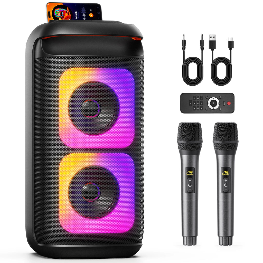 T37 Karaoke Machine 2 Wireless Microphones LED Lights 3D Sound Echo
