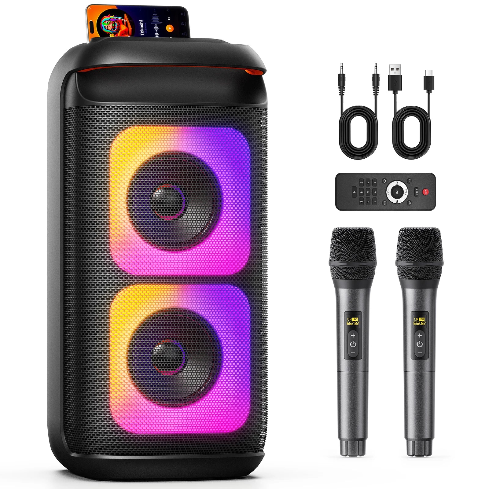 T37 Karaoke Machine 2 Wireless Microphones LED Lights 3D Sound Echo