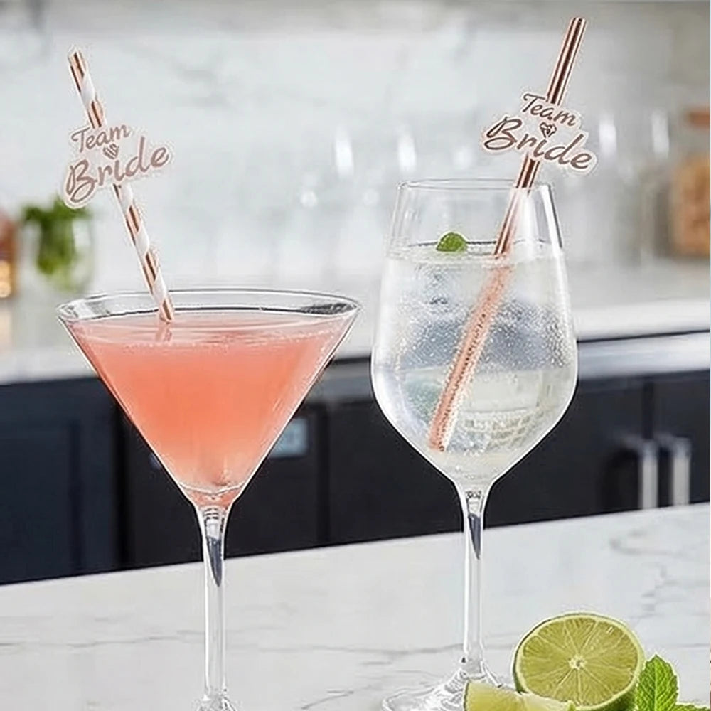 10Pcs Party Straws Team Bride Rose Gold Foil Paper Drinking Straws Bridal Shower Wedding Hen Party Accessories Zpaxo