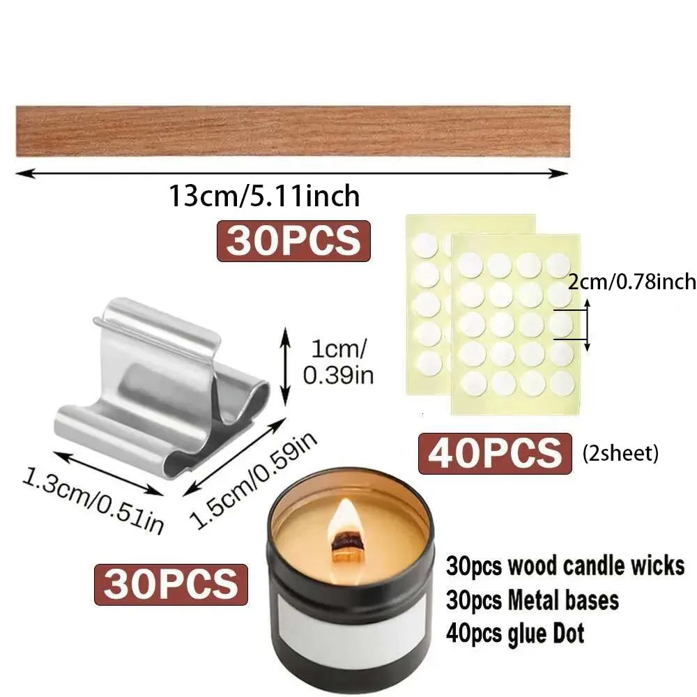 30pcs Candle Wooden Wick 30pcs Metal Bases 40pcs Glue Dot For Candle Making kit Smokeless DIY Handmade Craft Tools Zpaxo 13CM Set