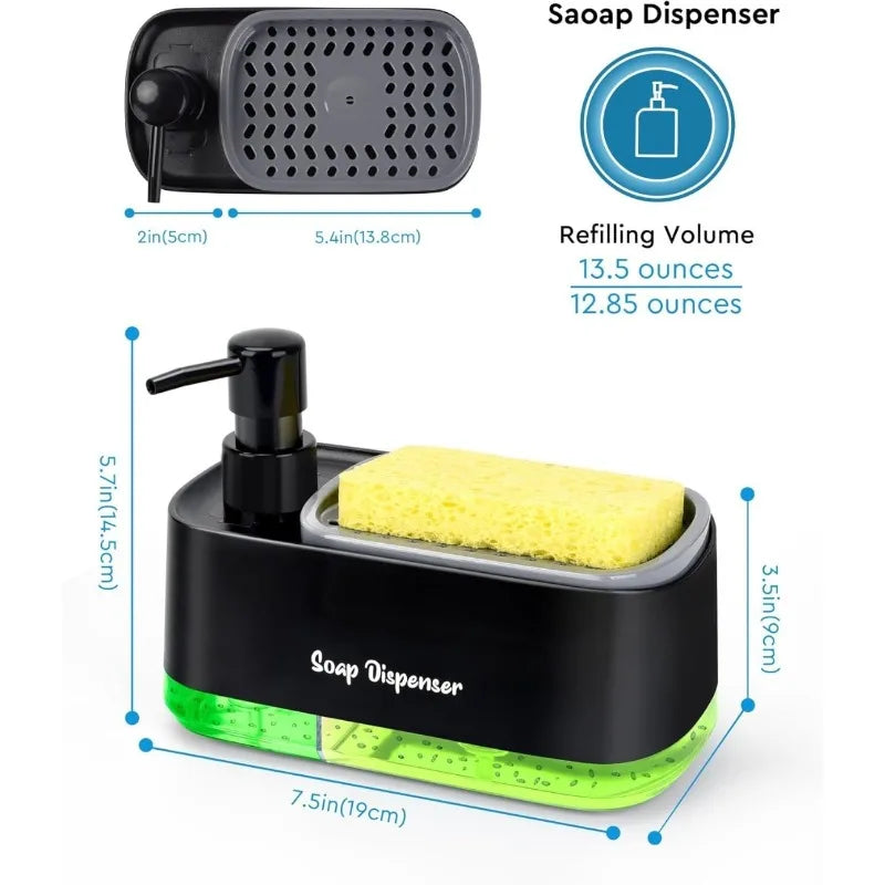 3-in-1 Kitchen Soap Dispenser Dual Pump Sponge Holder Efficient