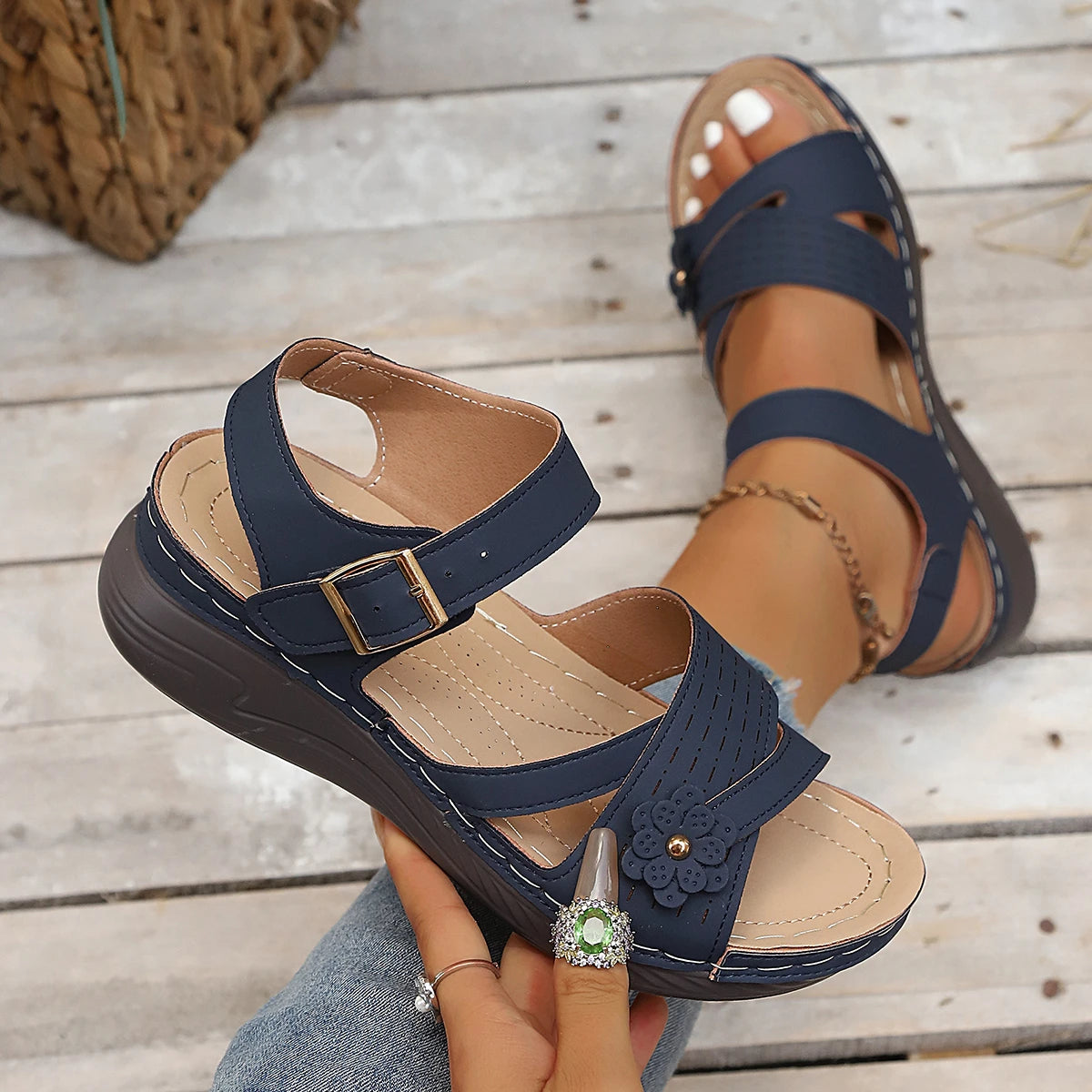 Women Sandals Retro Flower Platform Ankle Buckle Wedge Shoes Woman Zpaxo Blue 36