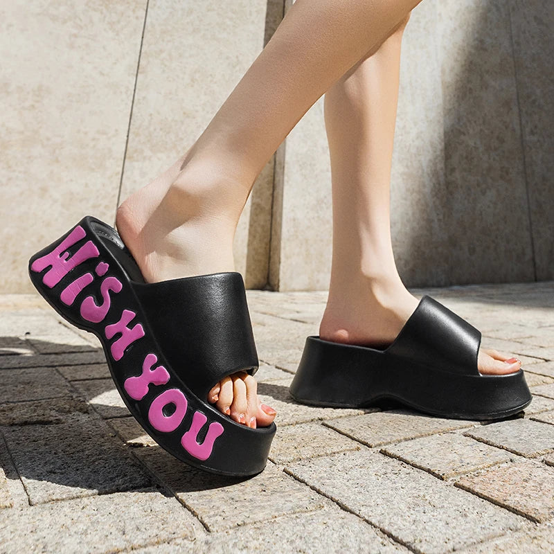 Summer Letter Printed Wedge Slippers Women Fashion Chunky Platform