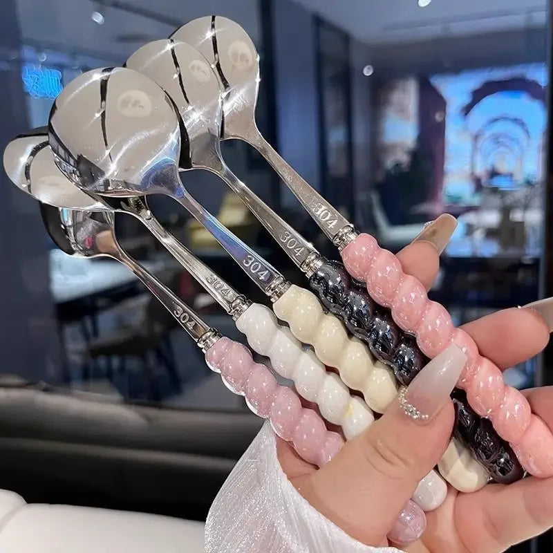 Pearl Ceramic Handle Stainless Steel Long Spoon – 4 Colors Kitchen Spoon Zpaxo