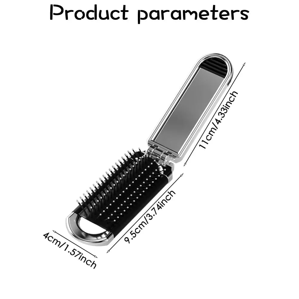 Folding Hair Brush with Mirror – Compact Travel Detangler